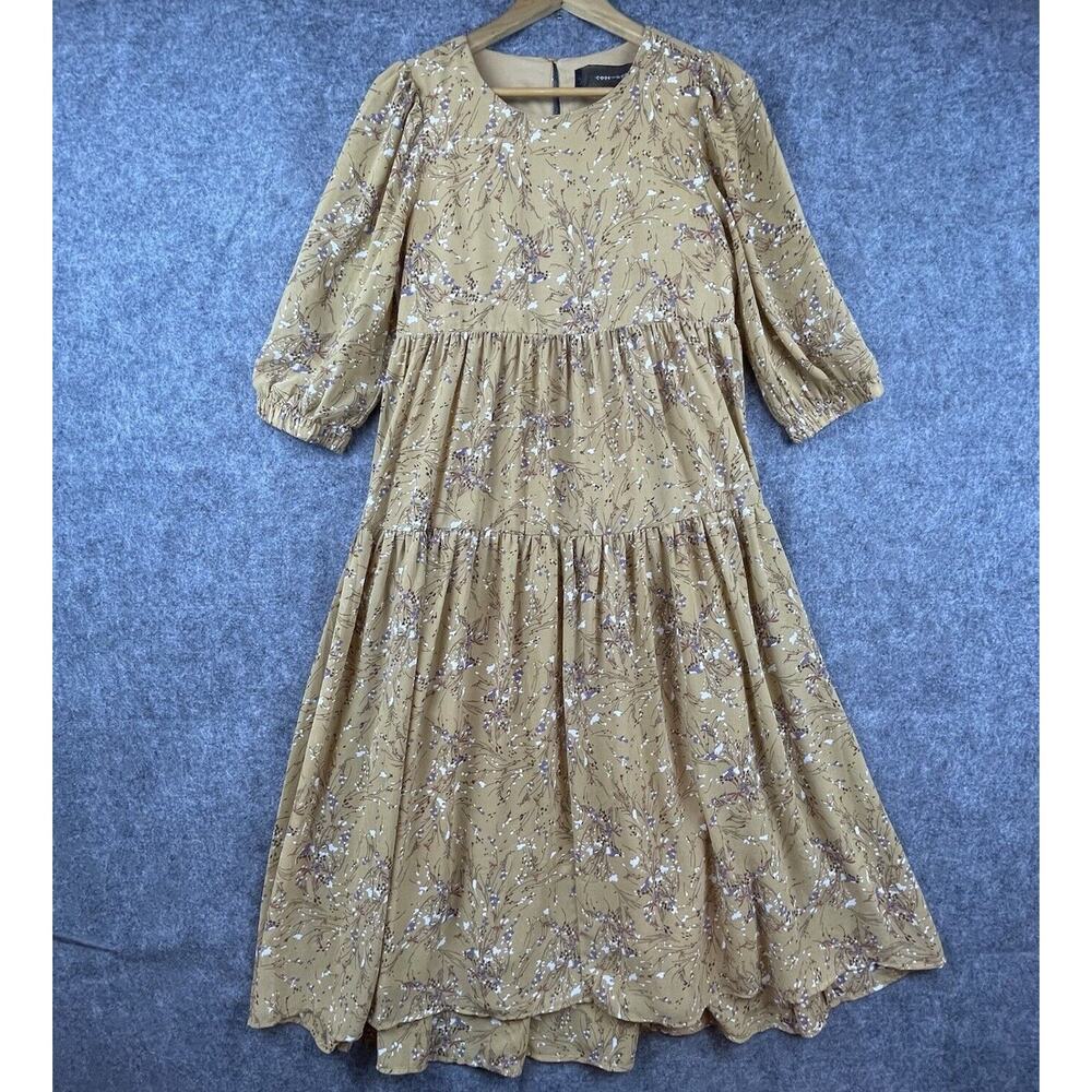 Code X Mode Dress Small Tan Purple Peasant Cottage Farm Tiered Gathered Priairie